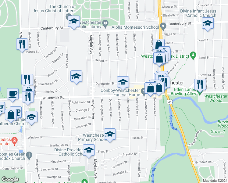 map of restaurants, bars, coffee shops, grocery stores, and more near 10630 West Cermak Road in Westchester