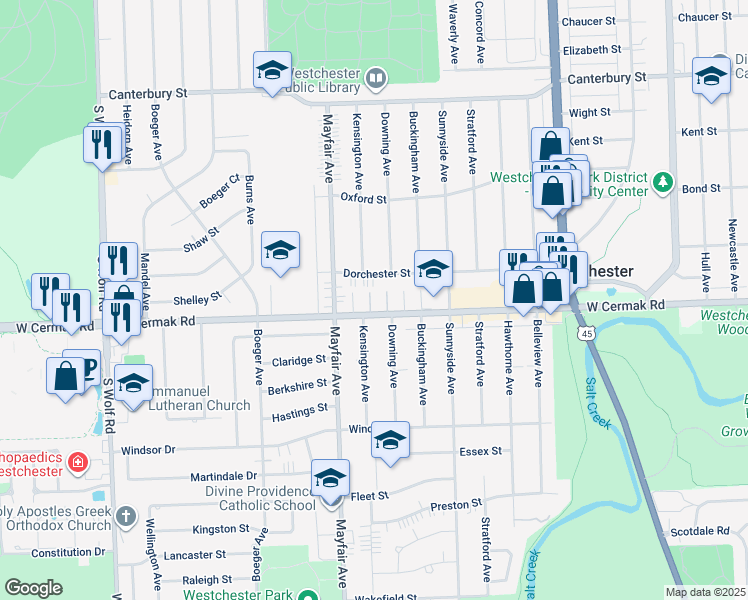 map of restaurants, bars, coffee shops, grocery stores, and more near 10710 West Cermak Road in Westchester