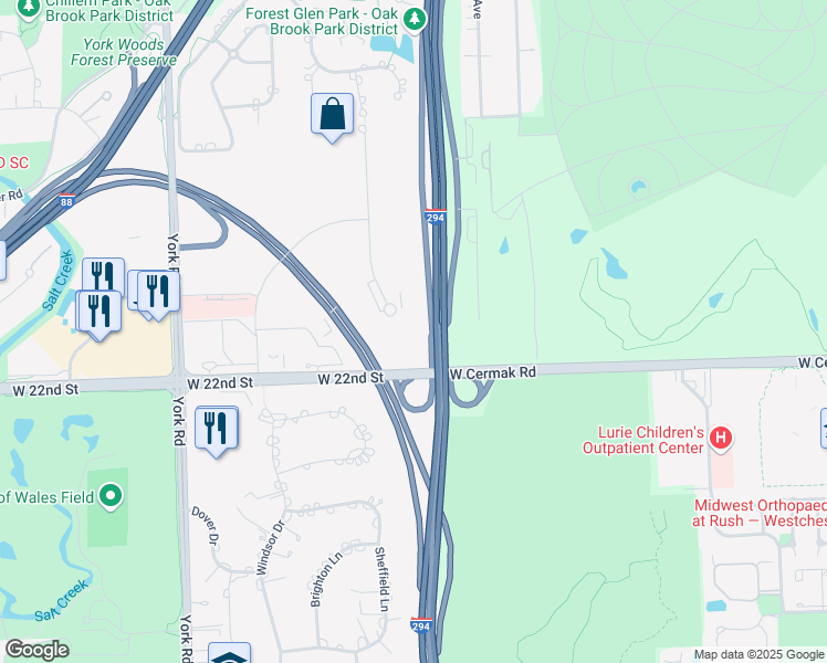 map of restaurants, bars, coffee shops, grocery stores, and more near 2107 Swift Drive in Oak Brook