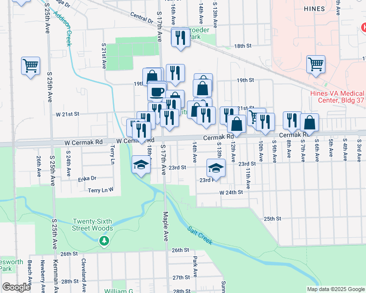 map of restaurants, bars, coffee shops, grocery stores, and more near 2215 South 15th Avenue in North Riverside