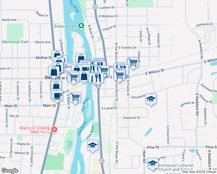 map of restaurants, bars, coffee shops, grocery stores, and more near 111 South Washington Avenue in Batavia