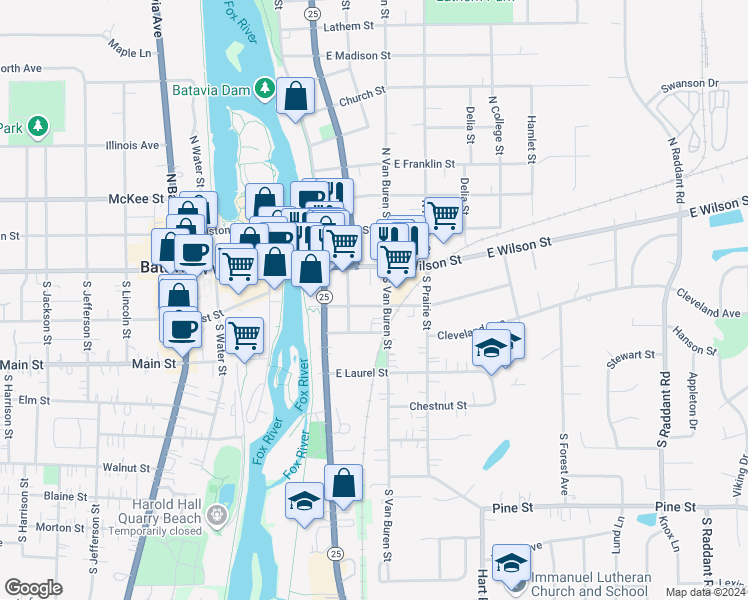 map of restaurants, bars, coffee shops, grocery stores, and more near 229 Webster Street in Batavia