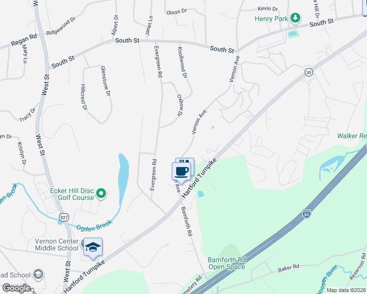 map of restaurants, bars, coffee shops, grocery stores, and more near 293 Vernon Avenue in Vernon
