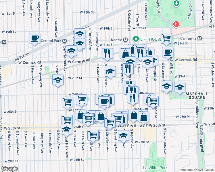 map of restaurants, bars, coffee shops, grocery stores, and more near 2345 South Christiana Avenue in Chicago