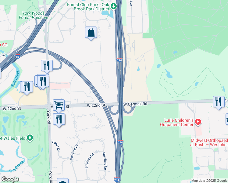map of restaurants, bars, coffee shops, grocery stores, and more near 2107 Swift Drive in Oak Brook
