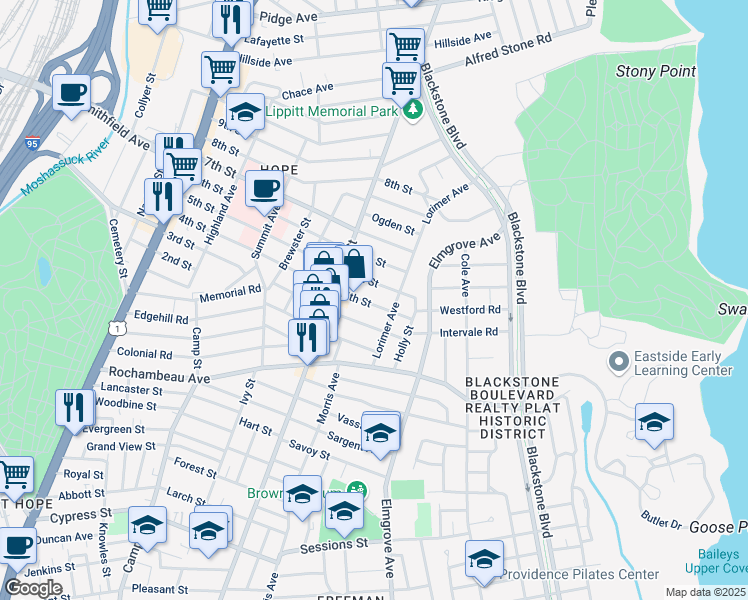 map of restaurants, bars, coffee shops, grocery stores, and more near 56 Lorimer Avenue in Providence
