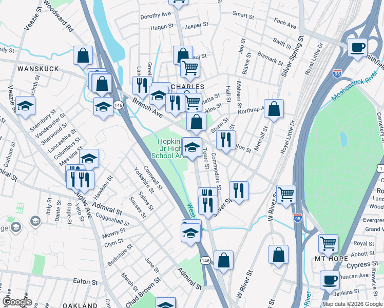 map of restaurants, bars, coffee shops, grocery stores, and more near 485 Charles Street in Providence