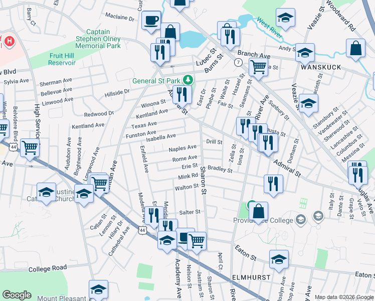 map of restaurants, bars, coffee shops, grocery stores, and more near 49 Rome Avenue in Providence