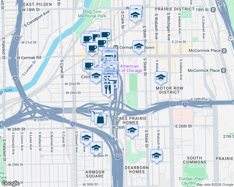 map of restaurants, bars, coffee shops, grocery stores, and more near 2421 South Wentworth Avenue in Chicago