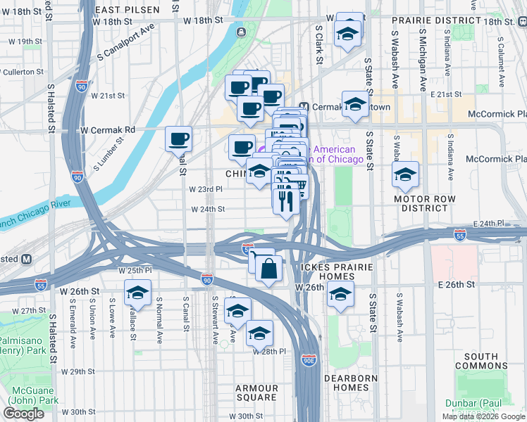 map of restaurants, bars, coffee shops, grocery stores, and more near 226 West 24th Place in Chicago