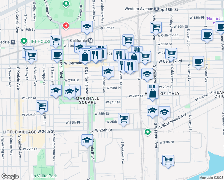 map of restaurants, bars, coffee shops, grocery stores, and more near 2624 West 24th Street in Chicago