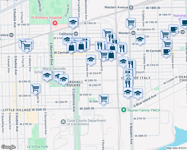 map of restaurants, bars, coffee shops, grocery stores, and more near 2624 West 24th Street in Chicago