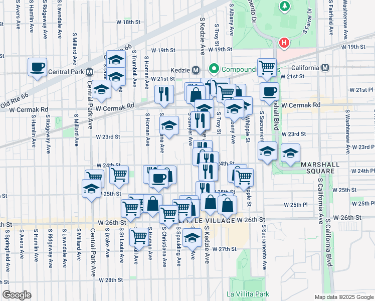 map of restaurants, bars, coffee shops, grocery stores, and more near 2346 South Sawyer Avenue in Chicago
