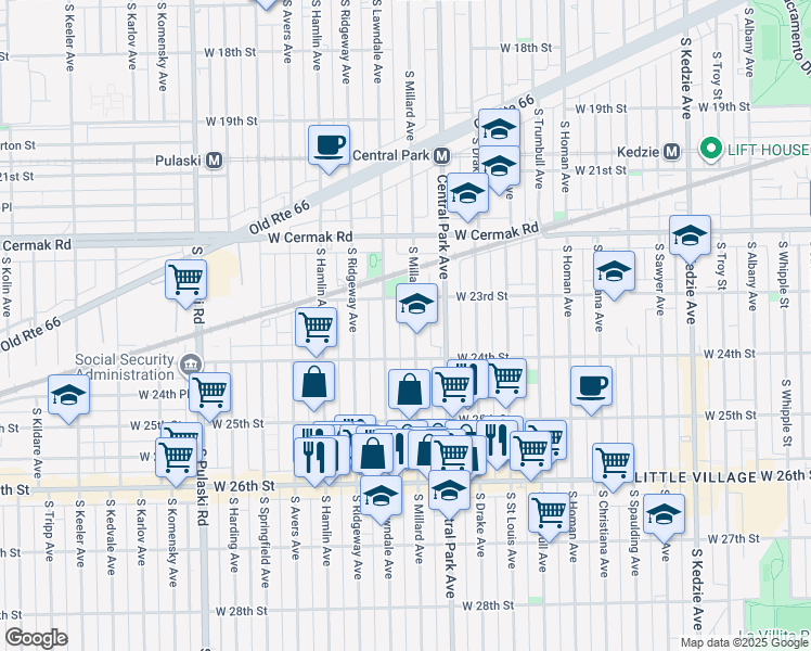 map of restaurants, bars, coffee shops, grocery stores, and more near 2345 South Lawndale Avenue in Chicago