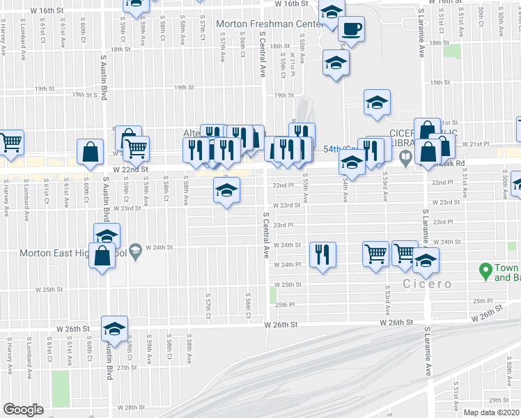 map of restaurants, bars, coffee shops, grocery stores, and more near 2319 South Central Avenue in Cicero