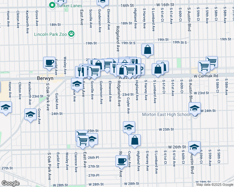 map of restaurants, bars, coffee shops, grocery stores, and more near 2309 Elmwood Avenue in Berwyn