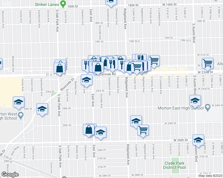 map of restaurants, bars, coffee shops, grocery stores, and more near 2308 Gunderson Avenue in Berwyn