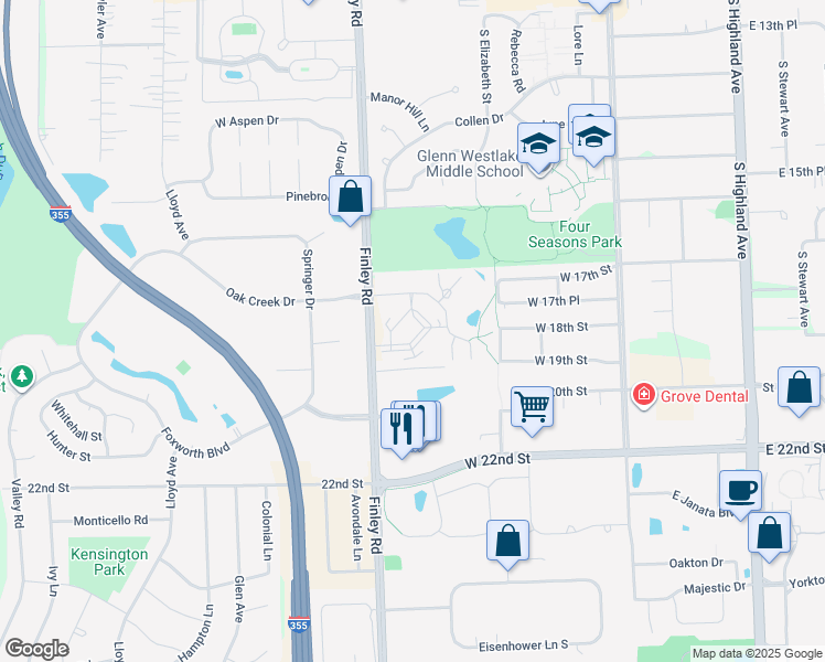 map of restaurants, bars, coffee shops, grocery stores, and more near 2113 South Finley Road in Lombard