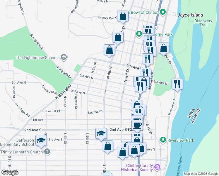 map of restaurants, bars, coffee shops, grocery stores, and more near 327 4th Avenue North in Clinton