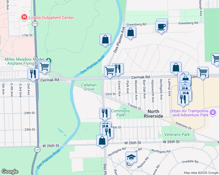 map of restaurants, bars, coffee shops, grocery stores, and more near 2256 Keystone Avenue in North Riverside