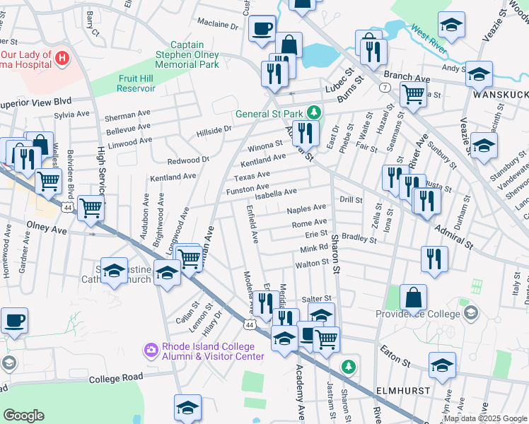 map of restaurants, bars, coffee shops, grocery stores, and more near 111 Naples Avenue in Providence