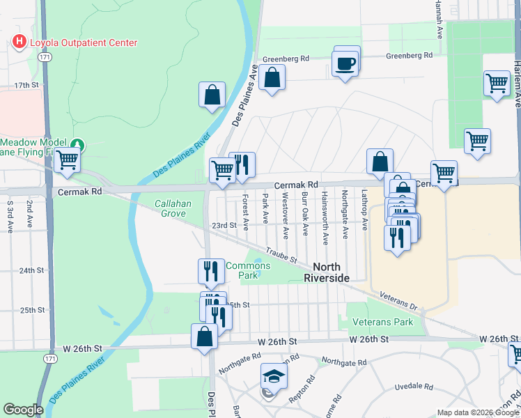 map of restaurants, bars, coffee shops, grocery stores, and more near 2253 Forest Avenue in North Riverside