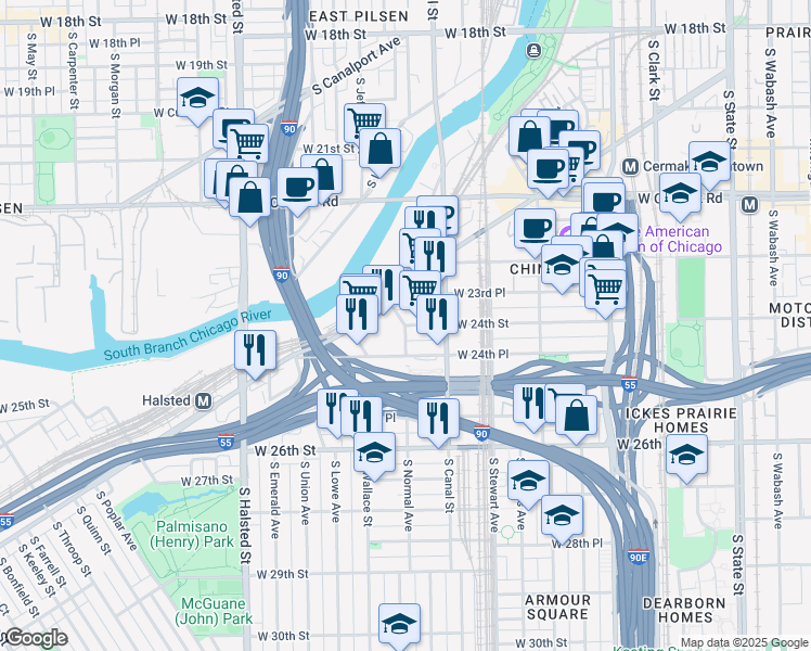 map of restaurants, bars, coffee shops, grocery stores, and more near South Normal Avenue & West 24th Street in Chicago
