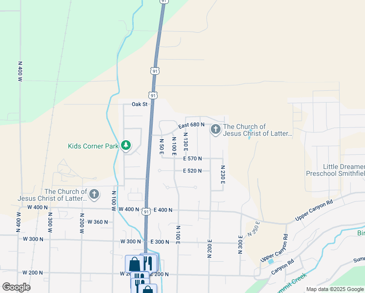 map of restaurants, bars, coffee shops, grocery stores, and more near 609 North 130 East in Smithfield