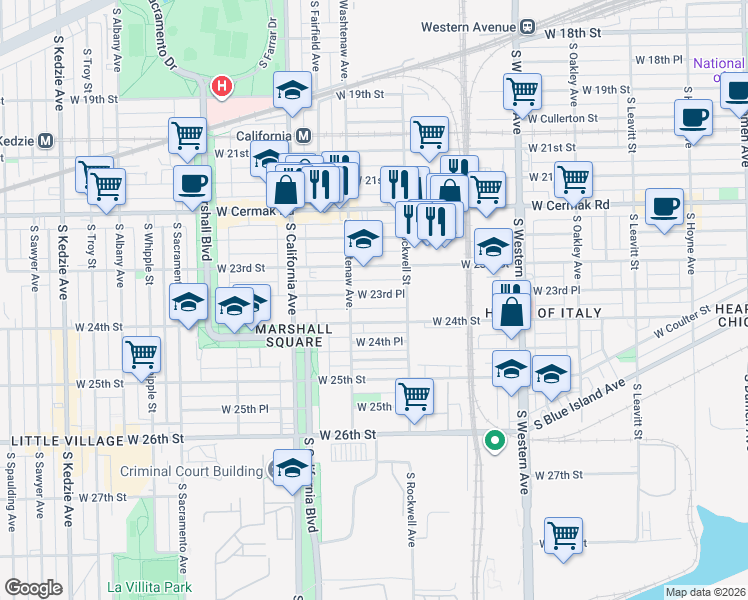 map of restaurants, bars, coffee shops, grocery stores, and more near 2624 West 24th Street in Chicago