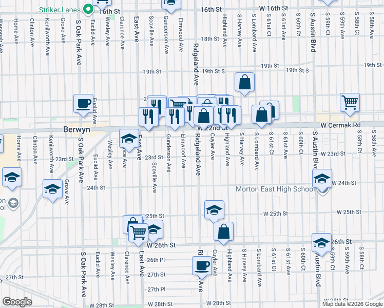map of restaurants, bars, coffee shops, grocery stores, and more near 2309 Elmwood Avenue in Berwyn