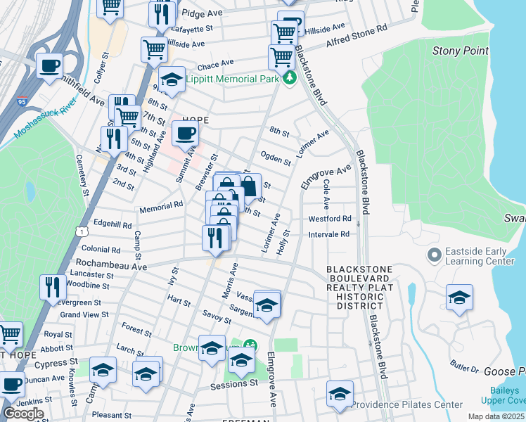 map of restaurants, bars, coffee shops, grocery stores, and more near 56 Lorimer Avenue in Providence