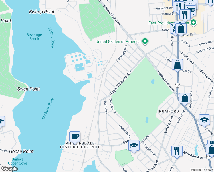 map of restaurants, bars, coffee shops, grocery stores, and more near 20 Albert Avenue in East Providence