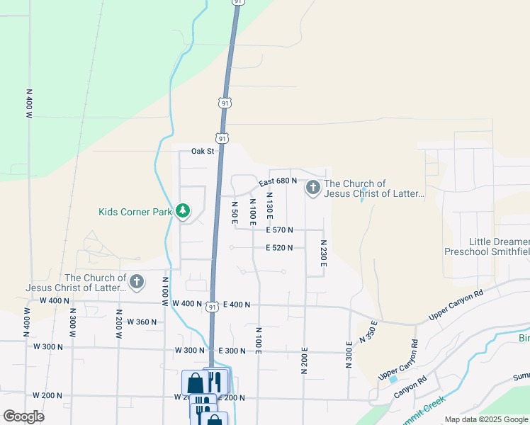 map of restaurants, bars, coffee shops, grocery stores, and more near 609 North 130 East in Smithfield
