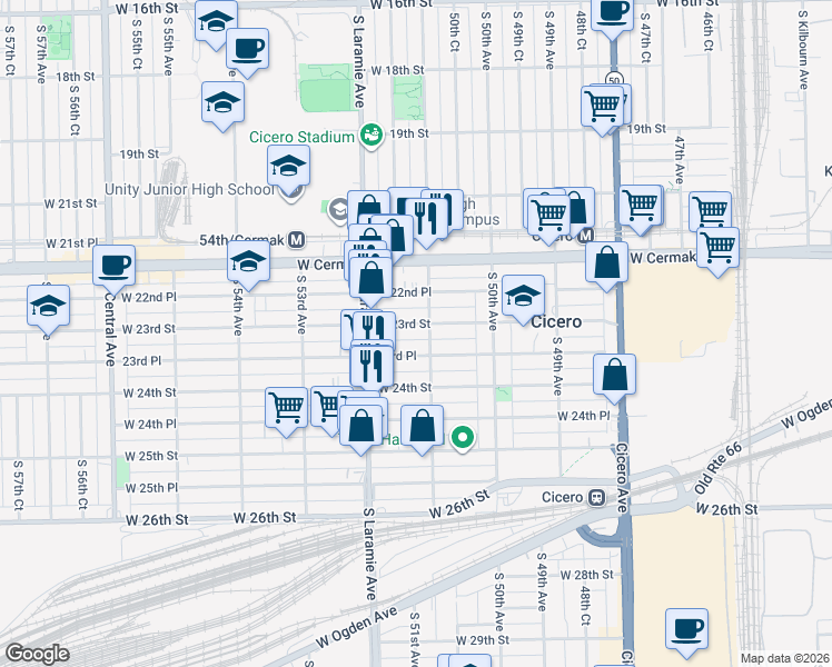 map of restaurants, bars, coffee shops, grocery stores, and more near 5100 23rd Place in Cicero