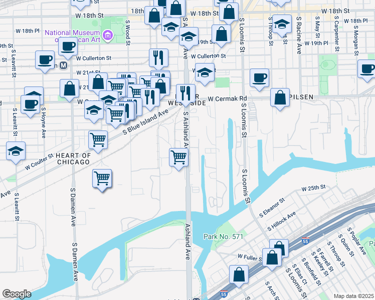 map of restaurants, bars, coffee shops, grocery stores, and more near 2352 South Ashland Avenue in Chicago