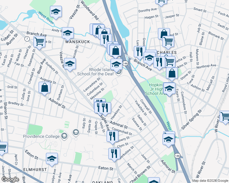 map of restaurants, bars, coffee shops, grocery stores, and more near 58 Anchor Street in Providence