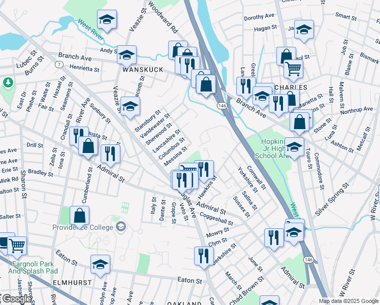 map of restaurants, bars, coffee shops, grocery stores, and more near 35 Virginia Lane in Providence