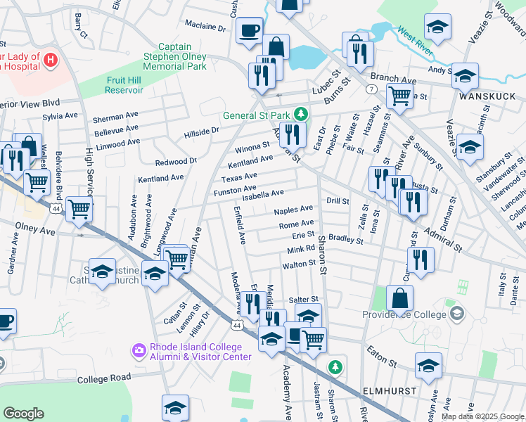 map of restaurants, bars, coffee shops, grocery stores, and more near 95 Rome Avenue in Providence