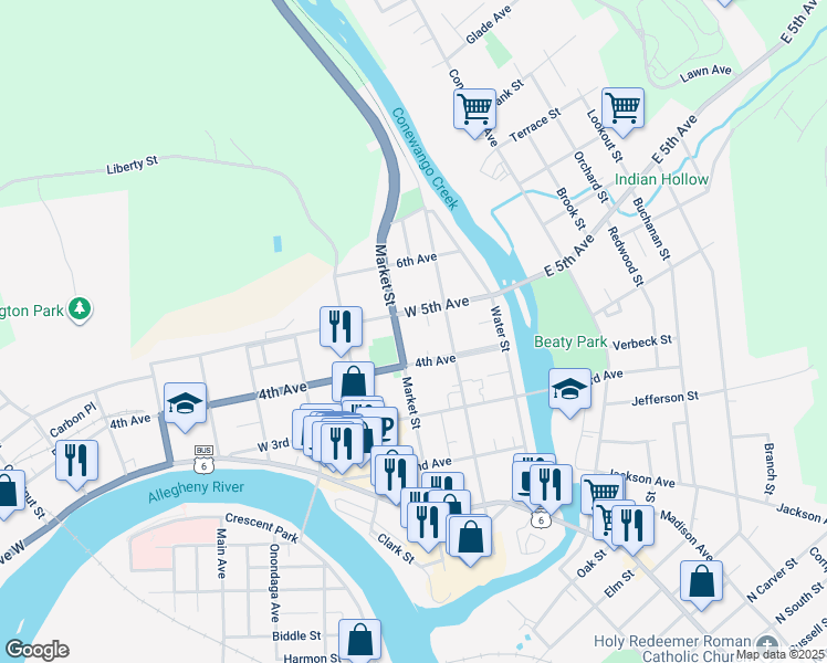 map of restaurants, bars, coffee shops, grocery stores, and more near 400 Market Street in Warren
