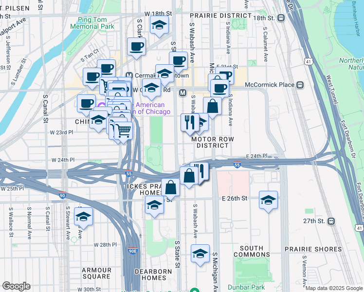 map of restaurants, bars, coffee shops, grocery stores, and more near 2406 South State Street in Chicago