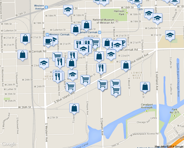 map of restaurants, bars, coffee shops, grocery stores, and more near 2409 South Hoyne Avenue in Chicago