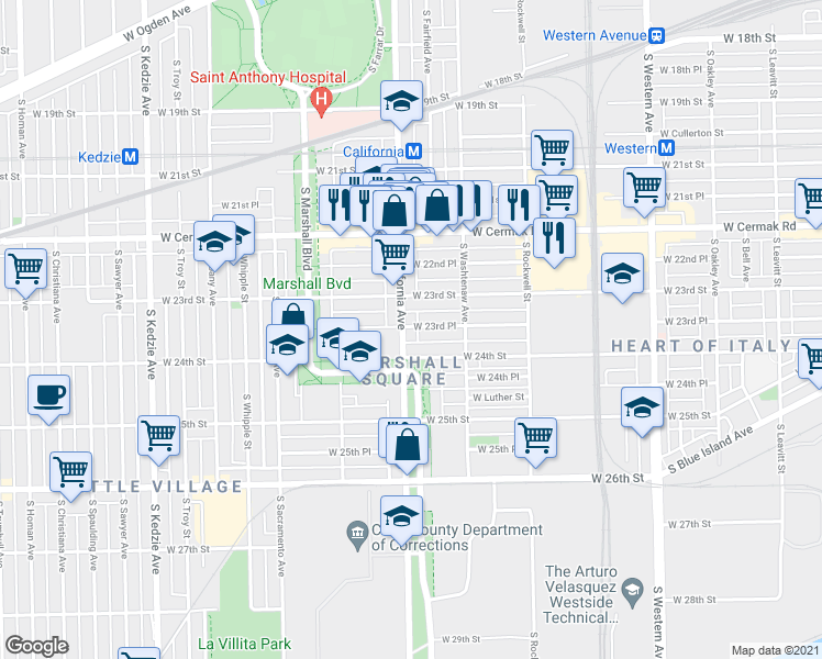map of restaurants, bars, coffee shops, grocery stores, and more near 2740 West 24th Street in Chicago
