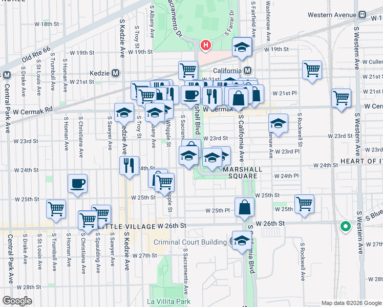 map of restaurants, bars, coffee shops, grocery stores, and more near 2921 West 24th Boulevard in Chicago