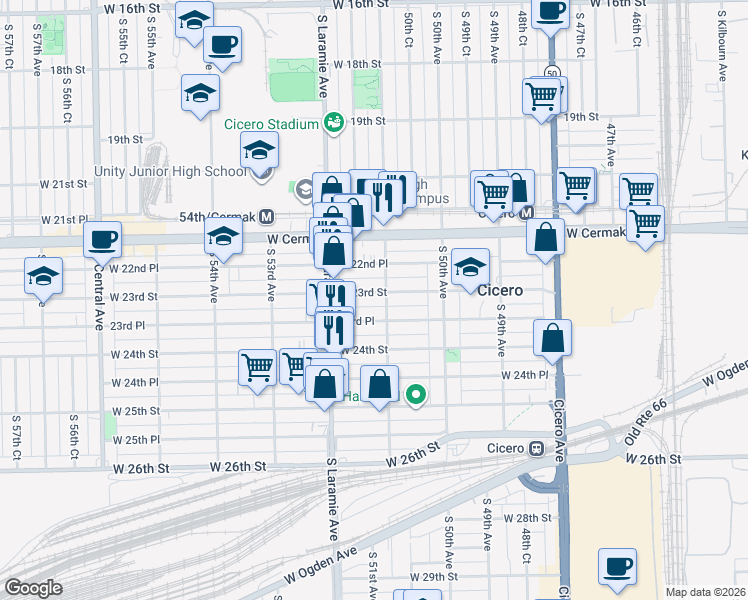 map of restaurants, bars, coffee shops, grocery stores, and more near 5100 23rd Place in Cicero
