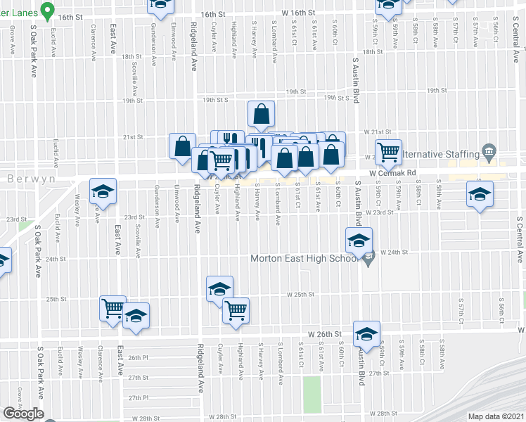 map of restaurants, bars, coffee shops, grocery stores, and more near 2310 South Harvey Avenue in Berwyn
