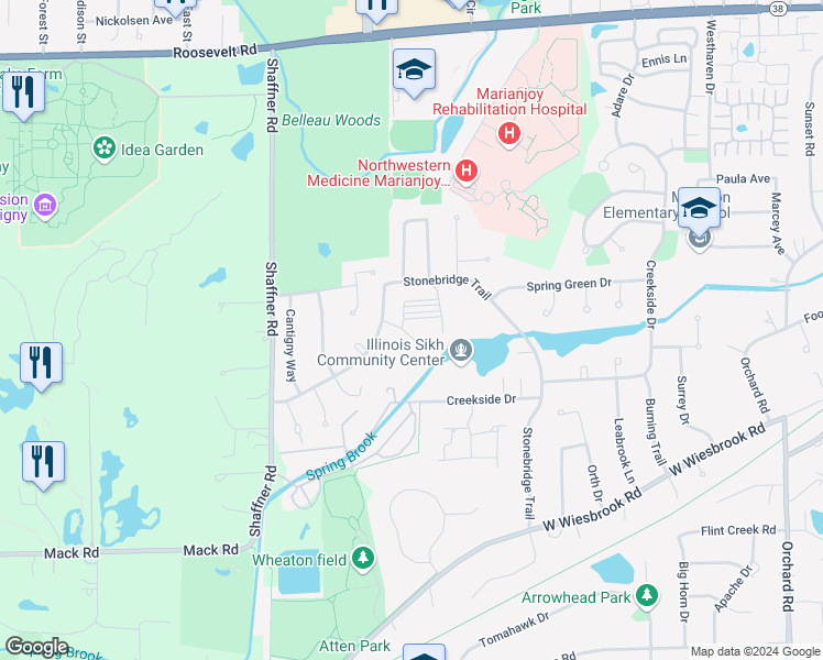 map of restaurants, bars, coffee shops, grocery stores, and more near 1475 South County Farm Road in Wheaton