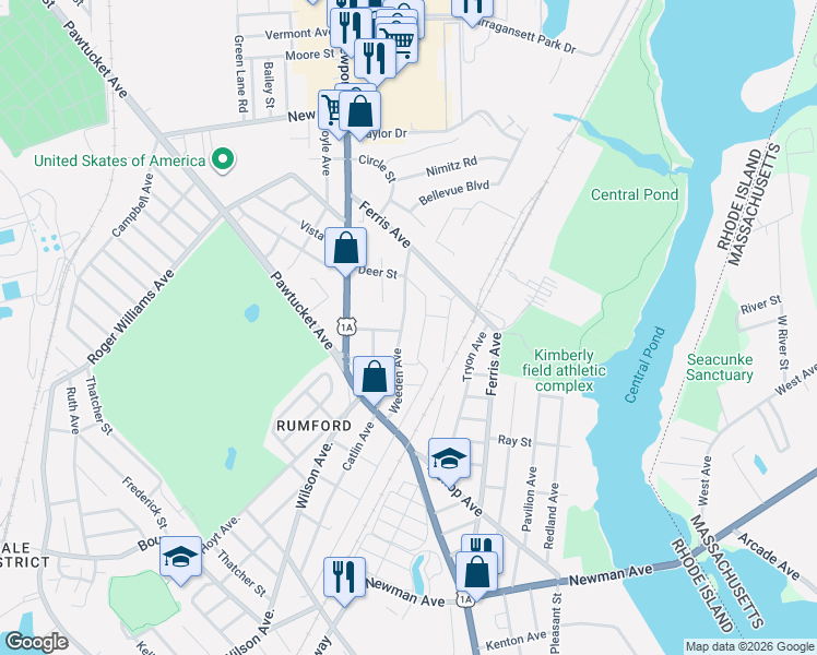 map of restaurants, bars, coffee shops, grocery stores, and more near 63 Weeden Avenue in East Providence