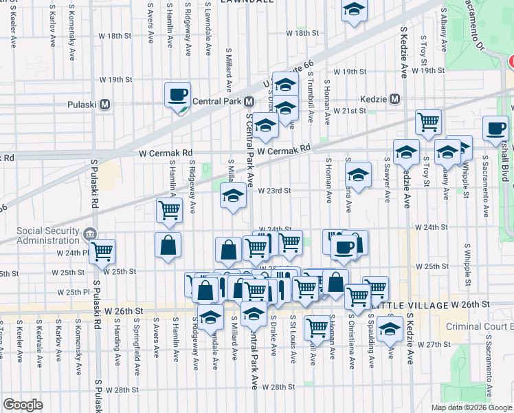 map of restaurants, bars, coffee shops, grocery stores, and more near 2344 South Drake Avenue in Chicago