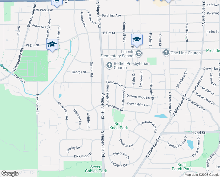 map of restaurants, bars, coffee shops, grocery stores, and more near 1523 Huntleigh Drive in Wheaton