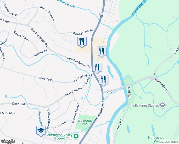 map of restaurants, bars, coffee shops, grocery stores, and more near 33 Canal Street in Simsbury